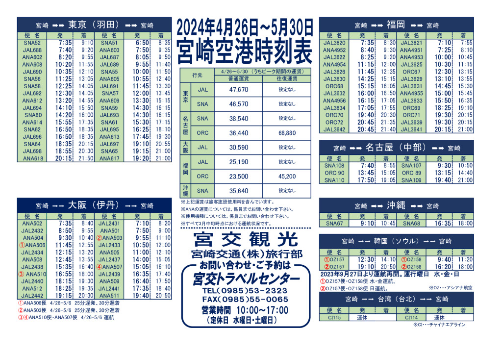 宮崎空港時刻表（2024.5月）ﾄﾗﾍﾞﾙｾﾝﾀｰのサムネイル